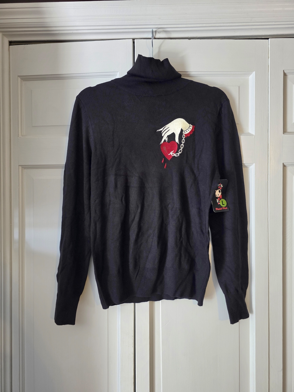 Mischief Made Captive Heart Turtleneck Sweater NWT Large Goth Embroidered Punk